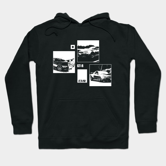 NISSAN SKYLINE GT-R R34 Black 'N White Archive (Black Version) Hoodie by Cero